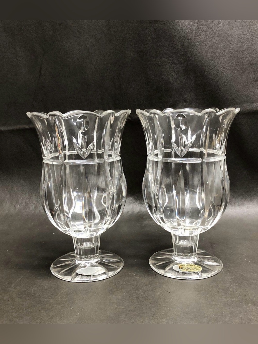 Vintage BLOCK Crystal Vase Tulip Garden Hurricane Footed Flower 7" *Set of 2*
